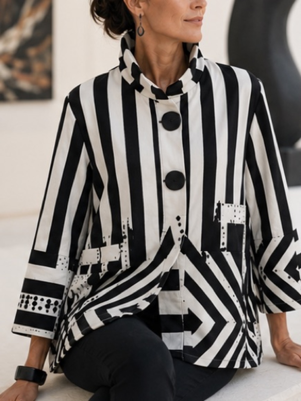 Damee Swing Jacket Black Ivory Abstract Geometric Wire Collar Artsy Excellent S - Picture 9 of 9